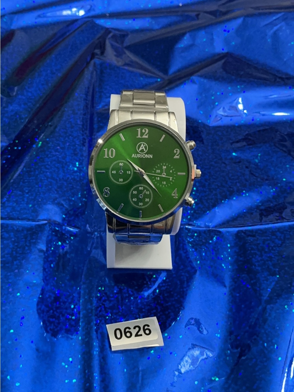 Men’s Silver Stainless Steel Watch with Green Dial